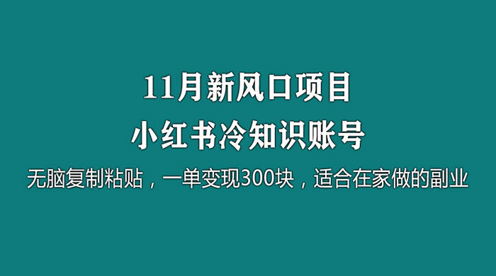 11 月新风口项目，小红书冷知识账号，无脑复制粘贴，一单变现 300 块，适合在家做的副业-客创社 - 专注互联网轻资产创业及网络项目资源整合与分享福鑫网创 -  免费且强大的项目分享网站