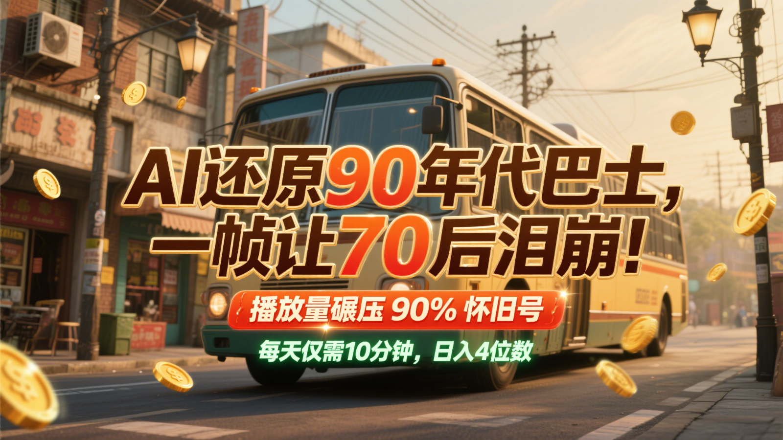 AI还原90年代巴士，一帧让70后泪崩！播放量碾压90%怀旧号，每天10分钟，日入4位数-客创社 - 专注互联网轻资产创业及网络项目资源整合与分享福鑫网创 -  免费且强大的项目分享网站