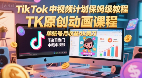 TikTok中视频计划保姆级教程，TK原创动画课程，单账号月收益4k美刀-客创社 - 专注互联网轻资产创业及网络项目资源整合与分享福鑫网创 -  免费且强大的项目分享网站