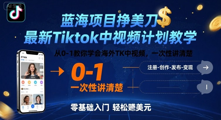 蓝海项目挣美刀，最新Tiktok中视频计划教学，从0-1教你学会海外TK中视频，一次性讲清楚 - 项目资源网